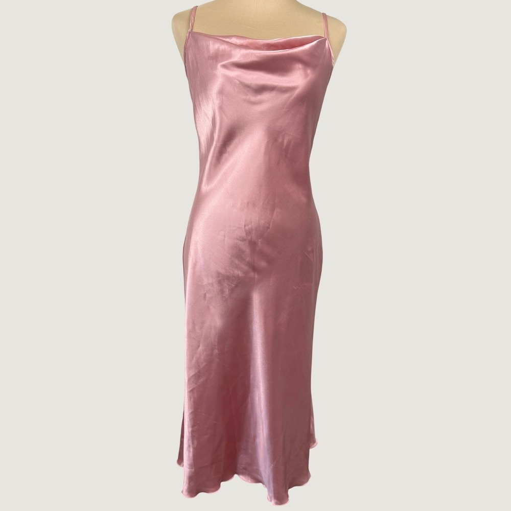 Bebe Satin Cowl Drape Neck Slip Dress Women Size S Rose Pink Midi Coquette Date